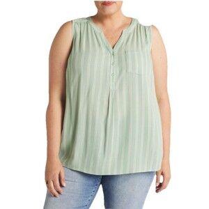 Market & Spruce Prat Sleeveless Henley Blouse 2x Green Striped Layering